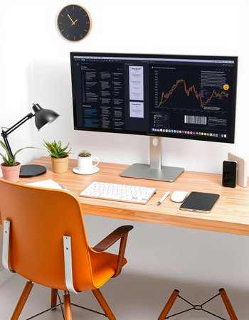 3D Rendering of a modern office desk with a computer, mobile phone and a cup of coffeeの写真素材