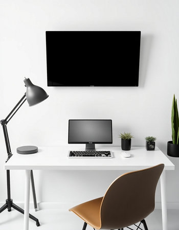 Modern workspace with blank screen on the wall. 3D Rendering