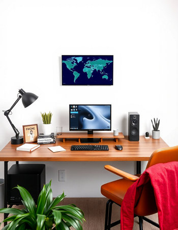 Modern workspace with computer, mouse, keyboard, stationery and plants