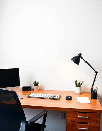 Interior of a modern office with wooden desk, computer and lamp