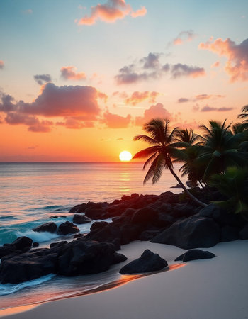Beautiful sunset on the tropical beach and sea with coconut palm tree - Vintage Filterの写真素材