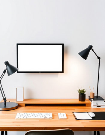 Mockup image of a modern designer desktop with a blank picture frame on the wall. 3d render