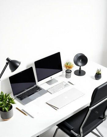 workplace with modern laptop and black chair on white background. 3d rendering