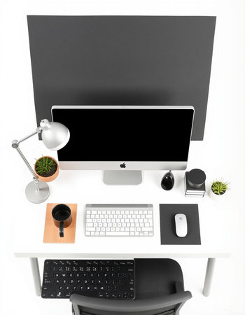 workplace with computer, isolated on white background, 3d renderの写真素材