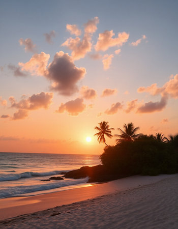 Palm trees on the beach at sunset, Seychelles