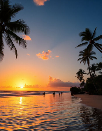 Beautiful tropical beach and sea with coconut palm tree at sunset time