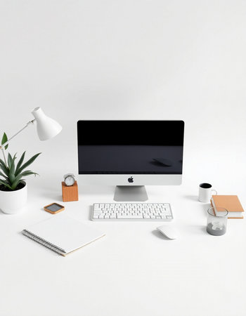 Modern workspace with computer and other office supplies. 3D rendering.