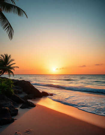 Beautiful tropical beach and sea with coconut palm tree at sunset time - Holiday Vacation conceptの写真素材