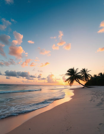 Tropical beach with palm trees at sunset, Seychellesの写真素材