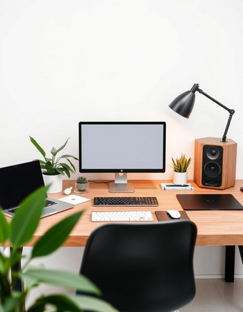 Workspace with computer, keyboard, mouse, speakers and other itemsの写真素材
