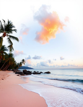 Tropical beach with palm trees at sunset, Seychellesの写真素材
