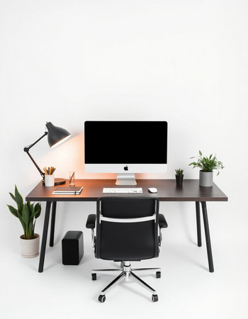 Workplace with computer, lamp and plant on white wall background.の写真素材