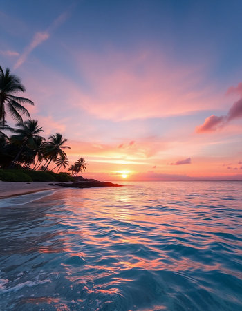 Tropical beach at sunset with palm trees and turquoise water