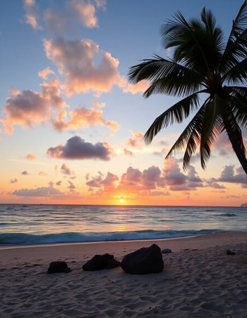 Sunset on the beach with palm trees and rocks in the foregroundの写真素材