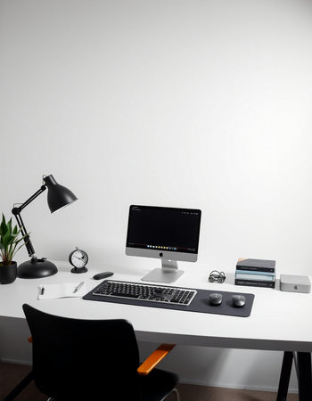 workplace with computer, lamp and stationery on white wall backgroundの写真素材