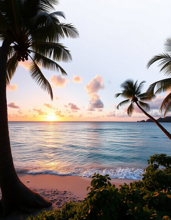 Palm trees on the beach at sunset, Seychellesの写真素材