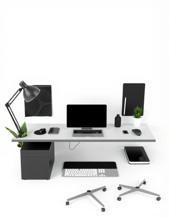 Modern office desk with computer, laptop, tablet, smart phone and coffee cup on white backgroundの写真素材
