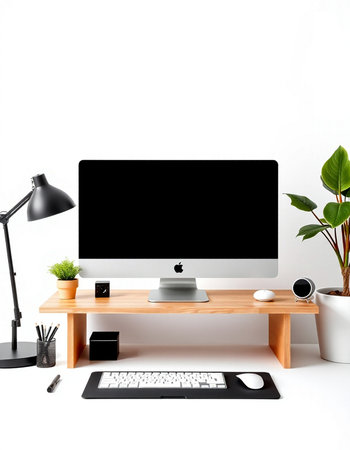 Modern workspace with computer, keyboard, mouse, coffee cup and plant.