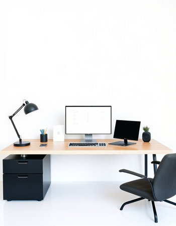 workplace with computer, lamp and chair on the white wall backgroundの写真素材