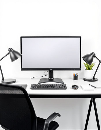 Modern workspace with computer, keyboard, mouse, lamp and other items.