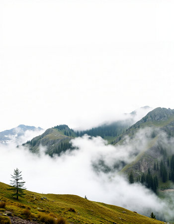 Mountain landscape with fog on the top of the mountainの写真素材
