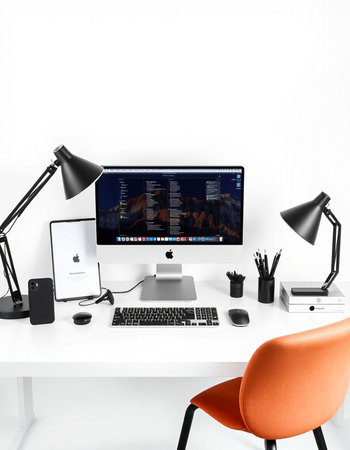 modern workspace with computer on white table. 3d rendering mock up