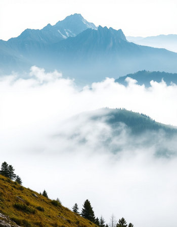 Beautiful mountain landscape with fog in the italian alps.の写真素材