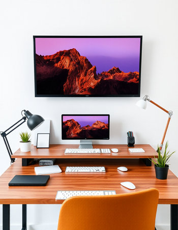 Computer on desk in front of a wall with a picture of mountainsの写真素材