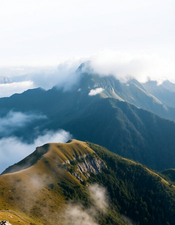 Mountain landscape in the clouds. Caucasus Mountains, Georgia, region Gudauri.の写真素材