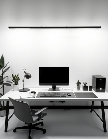 Modern office interior with white walls, white computer desk and office accessories. 3d render
