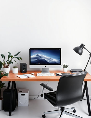 Modern workplace with computer, keyboard, mouse and other objects. 3d renderingの写真素材