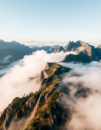 Aerial view of Dolomites mountains in Italy during sunrise.の写真素材