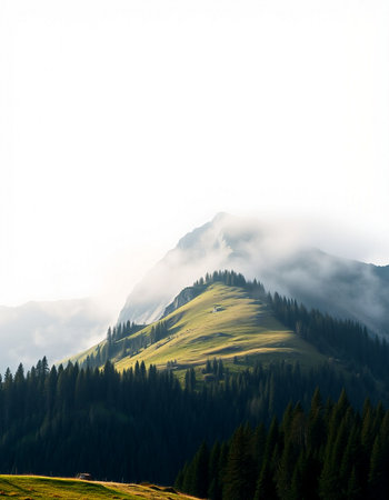 Mountain landscape with fog in the morning.の写真素材