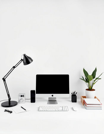 Workplace with computer, lamp, stationery and plant on white background