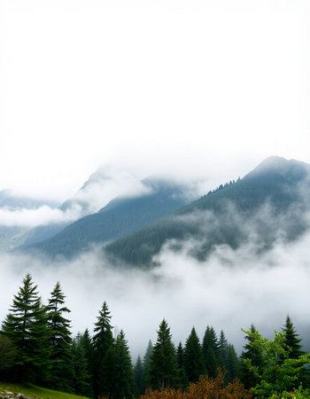 Foggy mountain landscape with coniferous forest in the foregroundの写真素材