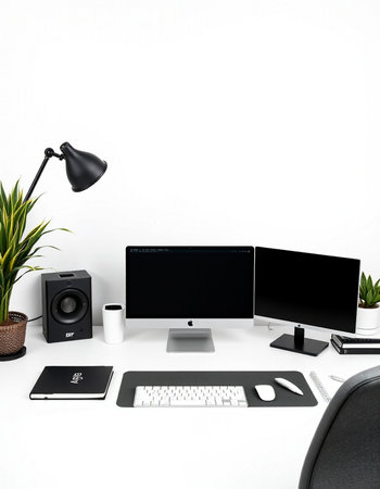 workplace with computer, keyboard, mouse, lamp and plant on white background