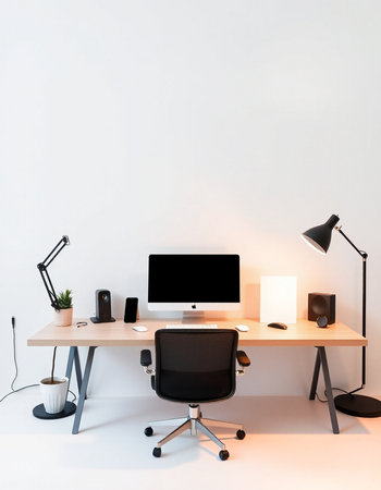 Modern workspace with computer, lamp and stationery.