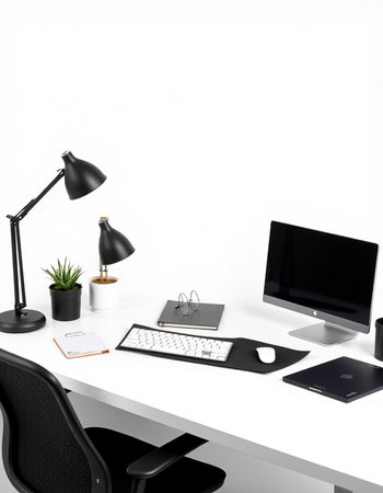 workplace with computer, lamp and stationery isolated on white background