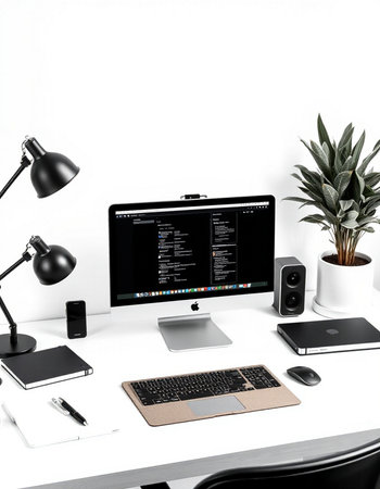 workplace with computer, keyboard, mouse, tablet, lamp and plant