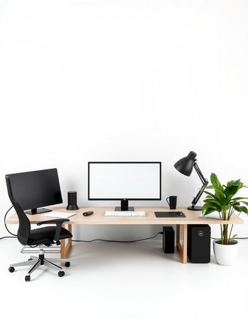 Modern workplace with computer on a white background. 3d rendering.の写真素材