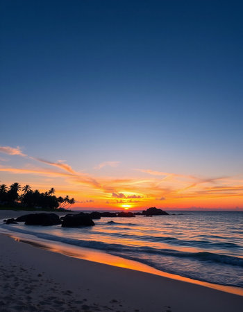 Beautiful sunset on the tropical beach at Seychelles.の写真素材