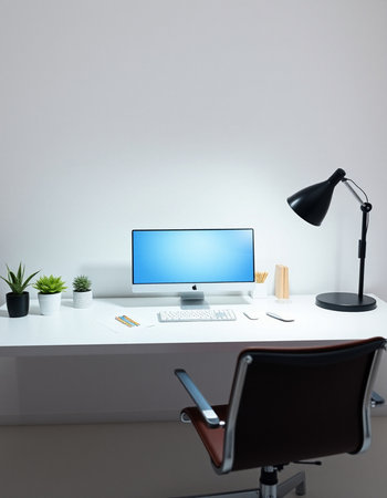 workplace with computer, lamp and plant on table in modern officeの写真素材