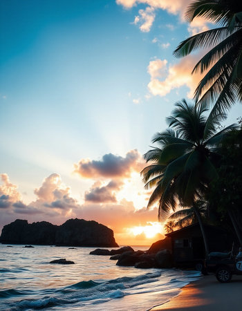 Tropical beach with coconut palm trees at sunset, Koh Samui, Thailandの写真素材