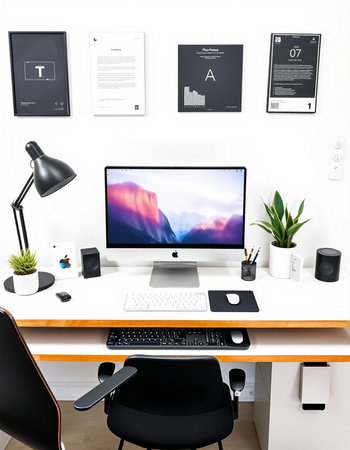 modern workspace with computer on the desk. 3d rendering mock up