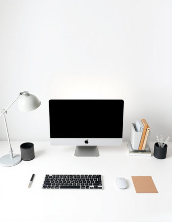 Workplace with computer, stationery and coffee cup on white backgroundの写真素材