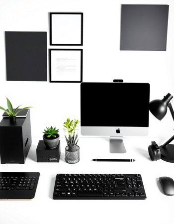 Designer desktop with computer, keyboard, mouse, plant and blank photo frames