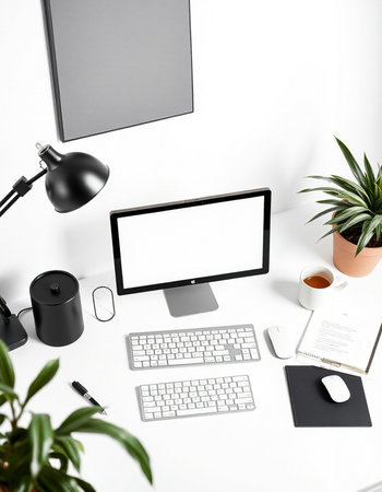 workplace with computer, keyboard, mouse and office supplies isolated on white