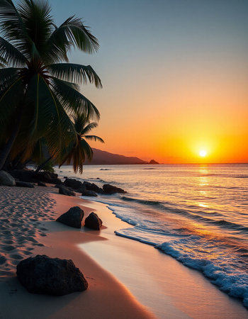 Beautiful sunset on the beach with coconut palm trees in the backgroundの写真素材