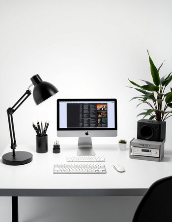 workplace with computer, lamp and stationery on white table in office
