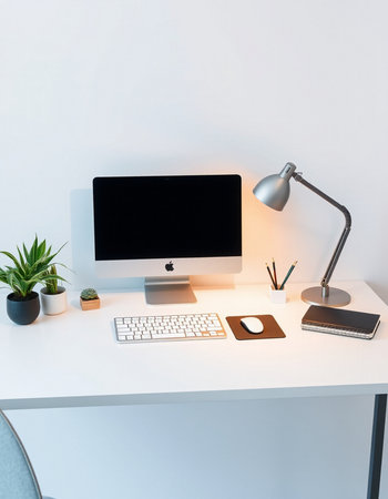 Minimalistic workplace with computer, stationery and copy space on table